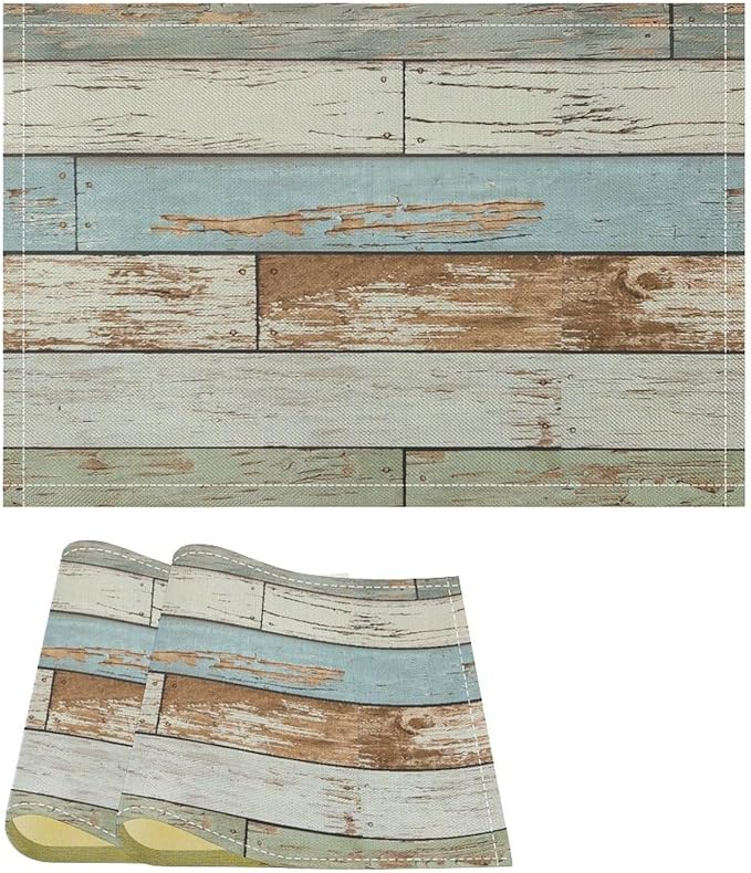 Rustic Plank Placemat Set, Vintage Old Shabby Colorful Beige Green Blue Farmhouse Barn Wooden Board Pattern Home Decor Linen Table Mats for Dining Room Kitchen Party (17x12in) x2P