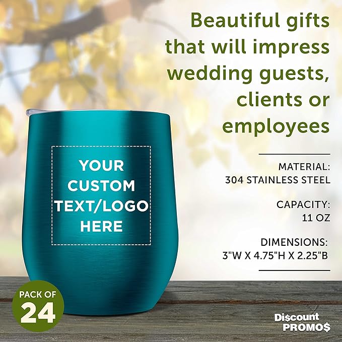 Custom Stemless Wine Glass Tumblers with Lids by Largo 11 oz. Set of 24, Personalized Bulk Pack - Perfect for Wine, Cocktails, Other Hot & Cold Beverages - Teal