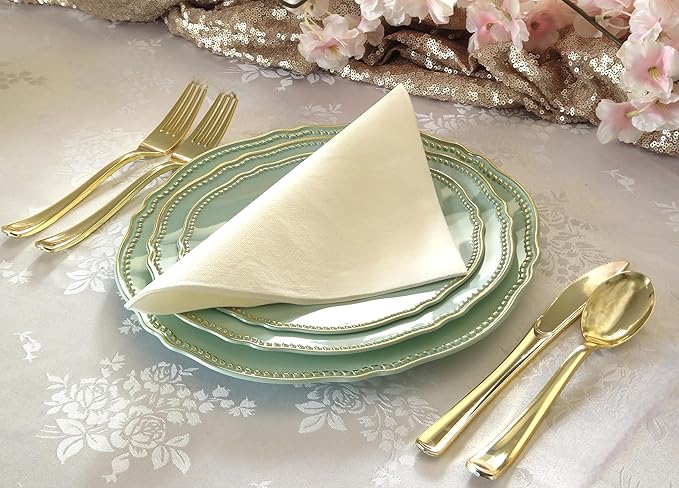 " OCCASIONS " 240 Plates Pack,(120 Guests) Heavyweight Premium Disposable Plastic Plates Set -120 x 10.25'' Dinner + 120 x 7.5'' Salad/Dessert (Rochelle Seafoam/Mint and Gold))