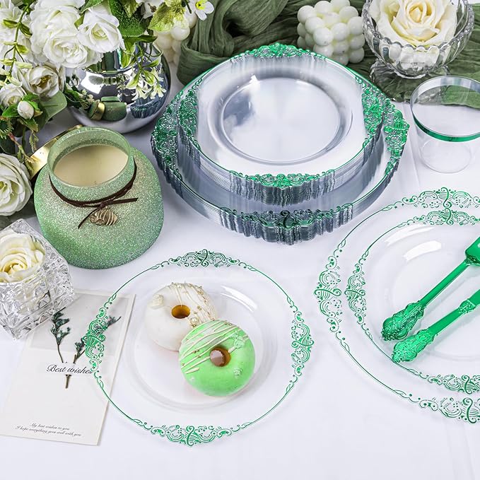 Hioasis 175pcs Clear and Green Plates - Green Party Plates for 25 Guest, Include 50 Heavy-duty Plates(20% Thicker Than Standard), 25 Pre Rolled Gold Plastic Silverware Set, 25 Cups for St. Patrick's D