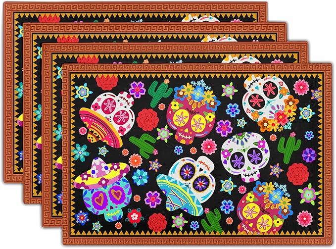 Mexican Placemats Set of 4 - Colorful Floral Skull Table Place Mats 12x18 for Indoor Outdoor Kitchen Dining Table