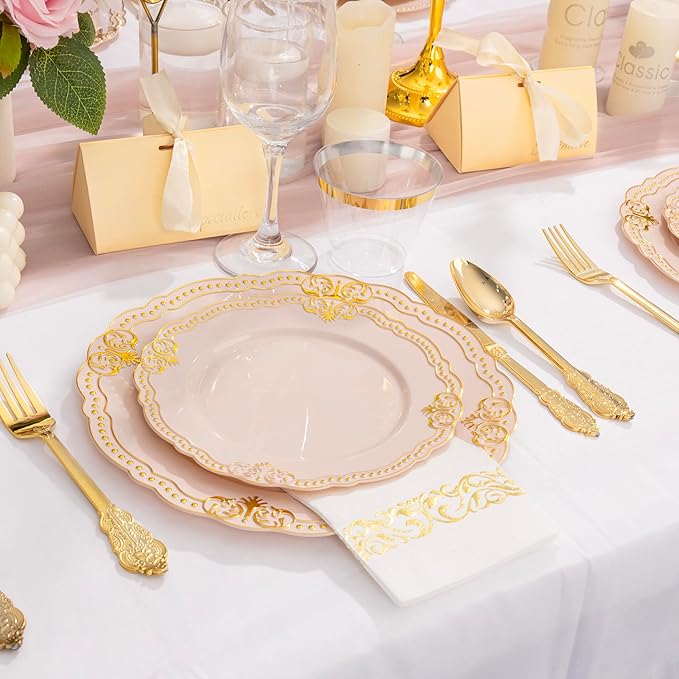 Ciaell 175 PCS Pink and Gold Plastic Plates - Fancy Gold Disposable Dinnerware Set with of 50 Plates, 25 Knives, 25 Forks, 25 Spoons, 25 Cups, 25 Napkins for Party & Weddings & Valentine's Day