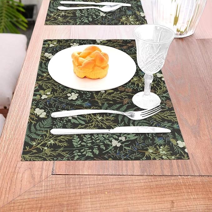 Botanical Print Floral Placemats Set of 4 Black Sage Green Spring Flower Plant Wipeable Table Mats Reusable Washable PVC Rectangle Place Mats for Kitchen Dining Home Decor 12x18 Inches