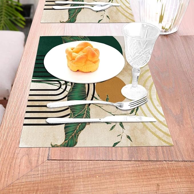 Abstract Emerald Placemats Minimalist Modern Contemporary Aesthetic Vintage Arch Neutral Washable Place Mats 12x18Inch for Dining Kitchen Farmhouse Decor 4 PCS