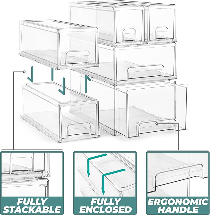 Sorbus Medium Clear Stackable Storage Drawers – 2-Pack Plastic Organizer Bins with Handles – Stackable Pull-Out Storage Drawers for Closet, Pantry, Office, Bathroom, Craft, and Toy Organization