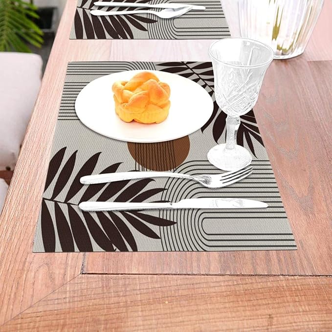 Mid Century Abstract Boho Placemats Geometric Neutral Beige Modern Leaf Plant Semicircle Art Washable Place Mats 12x18Inch for Dining Kitchen Farmhouse Decor 4 PCS