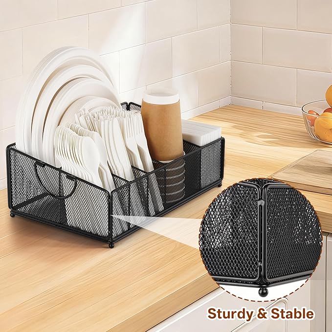 Large Paper Plate and Silverware Caddy for Kitchen Countertop Party Picnic Camping Buffet, Utensil Holder Flatware Organizer for Paper Plate Cup Napkin Plastic Cutlery, Black