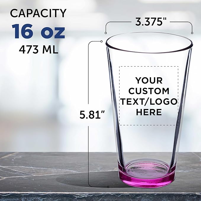 DISCOUNT PROMOS Custom Beer Pint Glasses 16 oz. Set of 10/50/100, Personalized Bulk Pack - Heavy Duty Glassware for Restaurant, Thick Base and Walls, Stackable - Pink