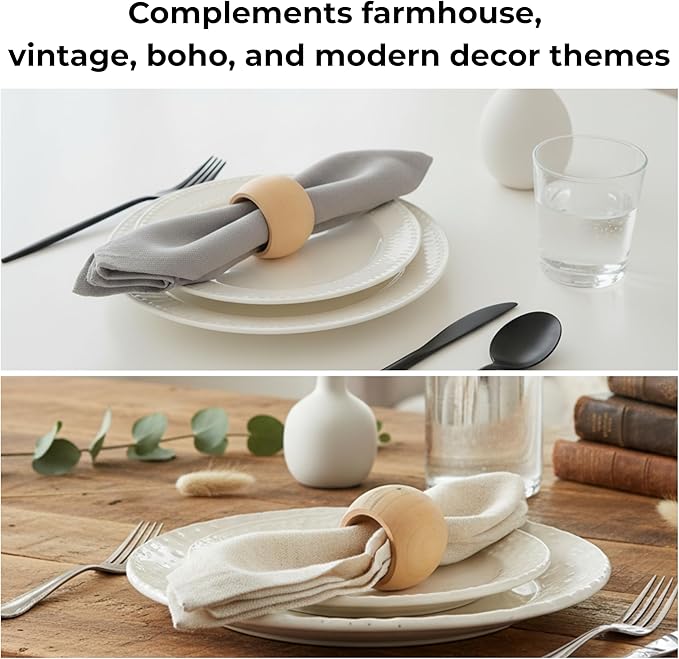 ALPHA Living HOME Rustic Napkin Rings -12 Pcs Round Wooden Napkin Holder Buckles for Easter Fall Thanksgiving Christmas Wedding Holidays Dinners Party Supplies Everyday Use (Natural)