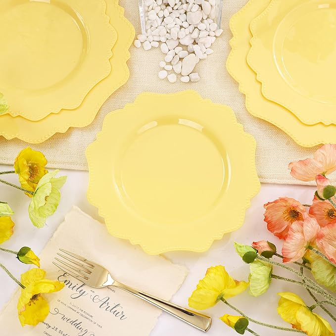 COLOSUS Disposable Lemon Yellow Plastic Plates 60Pcs, Thanksgiving Plastic Plates.,Light Baby Yellow Party Plates, Heavy Duty 30 Dinner plate 10.5" and 30 Salad/Dessert Plate 8.25" for Wedding,Party