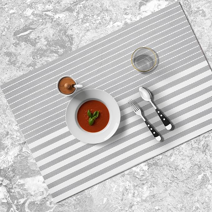 Placemats Set of 4 Vinyl Washable Grey Placemats, 18"x12" Wipeable Heat-Resistant Non-Slip Easy Clean Table Mats Ideal for Dining Table Table Runner and Outdoor (4, Grey Stripe)