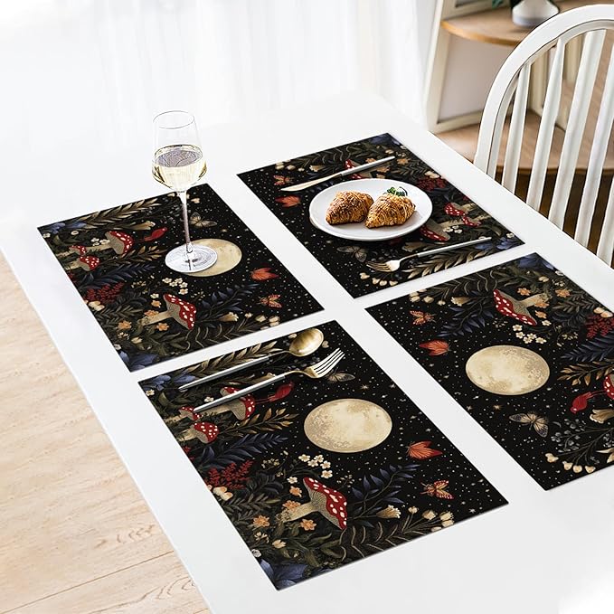 Mushroom Botanical Placemats Set of 6, Mushroom Plants Leaves Butterfly Place Mats, Moon Waterproof Washable Table Mats for Home Party Indoor Kitchen Dining Table Decoration 12x18 Inch