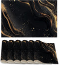 Abstract Marble Placemats Set of 6,Gold Black Waterproof Non-Slip Washable Table Mats for Kitchen Dining Holiday Party Wedding Decor 12x18 Inch