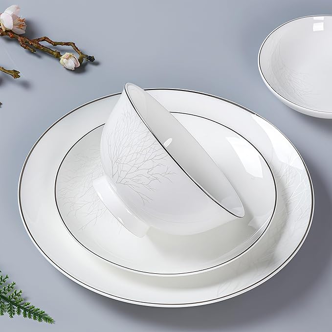 Fine Bone China Dinnerware Set,Porcelain&Ceramic Dinnerware Sets,Bone Stoneware&Ceramic Cookware Tableware Set Includes Dinner Plates|Spoons|Pasta Bowls|Soup Pot|Chopsticks (52PCS * 8-Person Set)