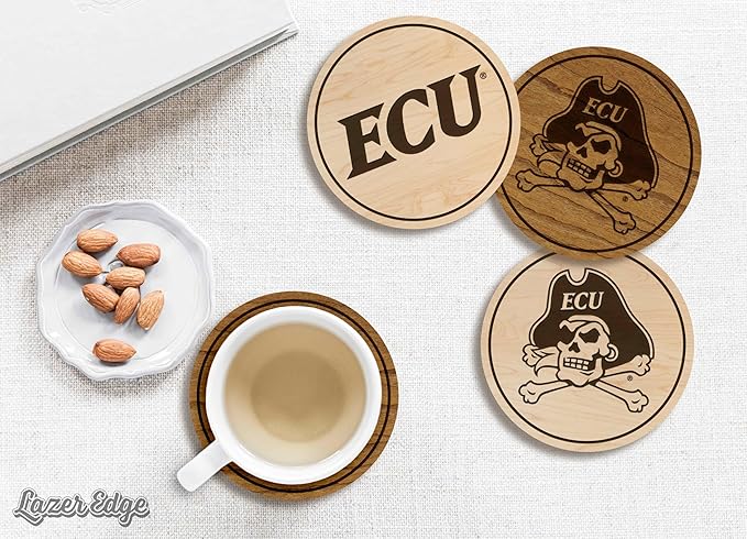 LazerEdge East Carolina Pirates Wooden Coaster Set - Maple Wood - Officially Licensed Product - 4-Pack