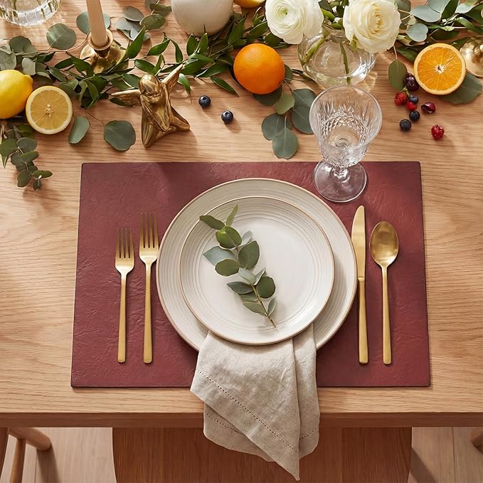 Artoid Mode Red Faux Leather Placemats Set of 4, 12x18 Inch Waterproof Wipeable Heat Resistant Vinyl Place Mats, Reversible Table Mats for Christmas Kitchen Dining Decor