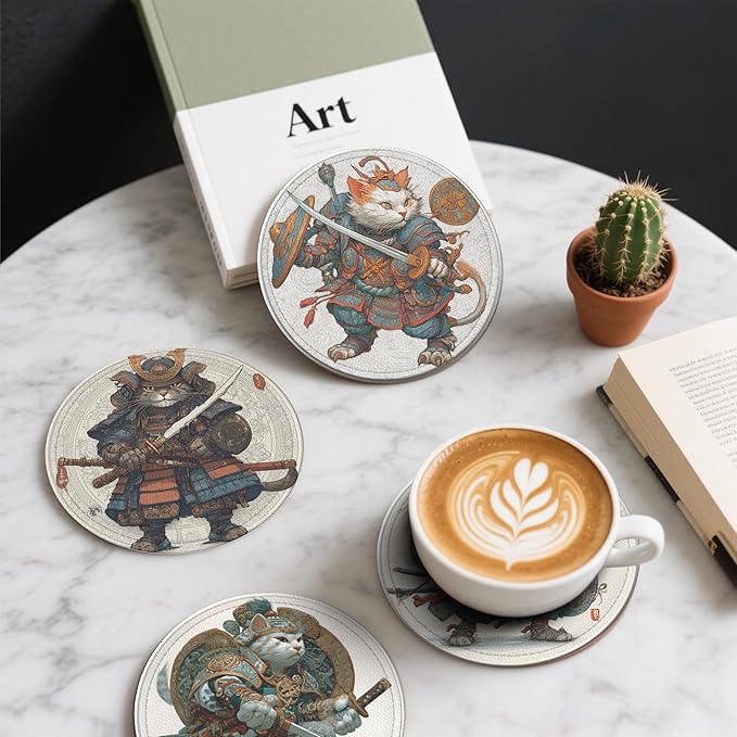 Japanese Cat Coasters Leather Round Drink Coasters 6 Pcs Set with Holderor for Cup Drink Coffee Table Bar Home Decor