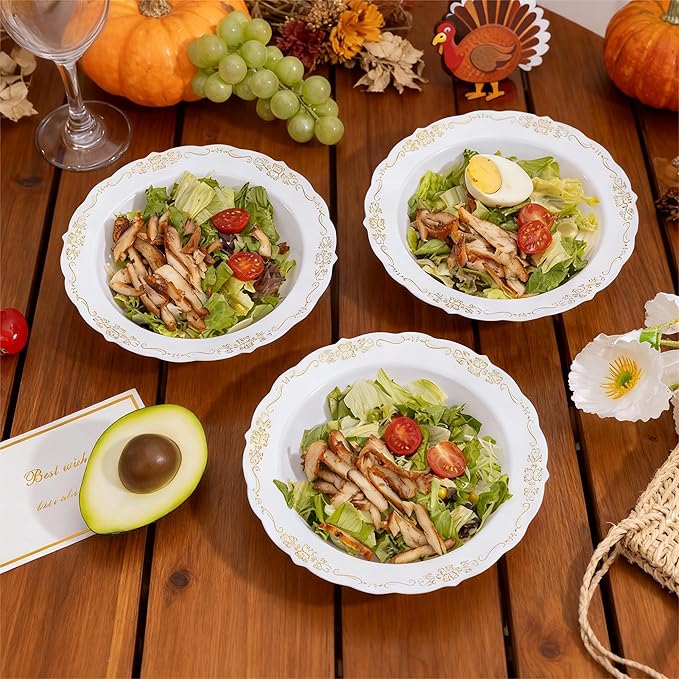 DaYammi 50 Pack Plastic Bowls with Gold Rim, 12oz Disposable Soup Bowls, Heavy Duty Dinner Bowls for Weddings,Gold Disposable bowl for Parties, Dinners, Catering and Everyday Use