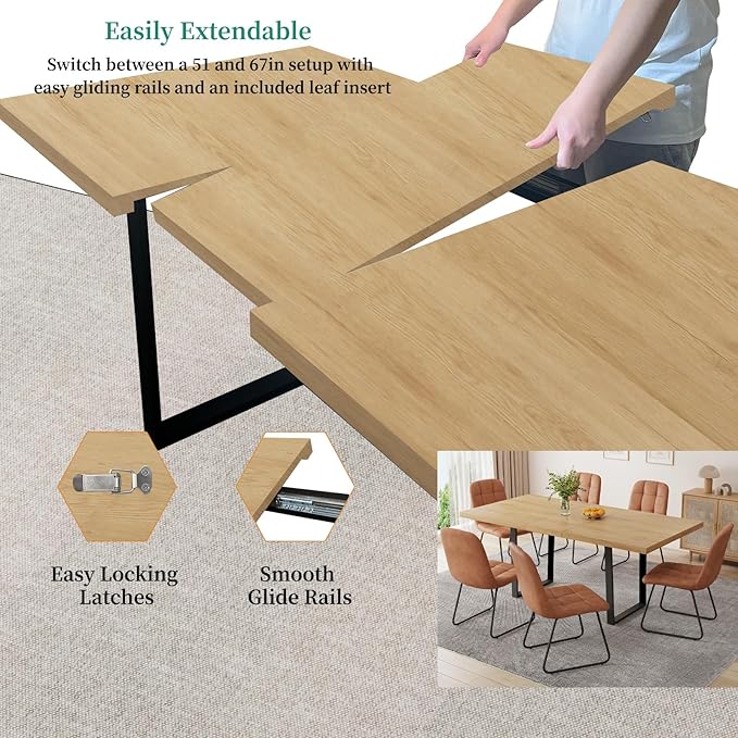 ZckyCine 7-Piece Modern Dining Set, 67" Expandable Oak Dining Table with 6 Brown Faux Leather Upholstered Chairs, Extendable Kitchen Table Set for 6, Scratch-Resistant, Easy Assembly