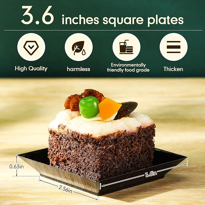 Zhehao 100 Pcs Plastic Dessert Appetizer Plates Disposable, 3.6 x 3.6 Inch Small Square Plastic Dessert Cake Plate for Party, Valentine's Day Wedding Birthday Bridal Baby Shower Supplies (Black)