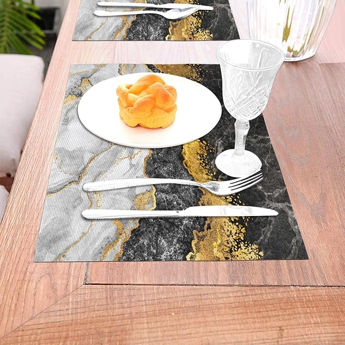 Black Gold Marble Placemats Set of 4 Linen Washable Non-Slip Heat-Resistant Gold and Black Grey Kitchen Table Mats for Dining Outdoor Party Home Decor 12x18 Inch Decorative Place Mats
