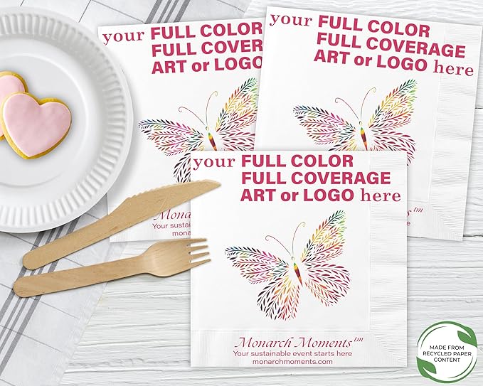 Custom Dinner Napkins - Personalized Recycled Paper Content Napkins - Eco-friendly & Full-Color Digital Printed - Events & Celebrations - Pack of 50 - Coin Edge Embossed Full Coverage, 8"x 8"