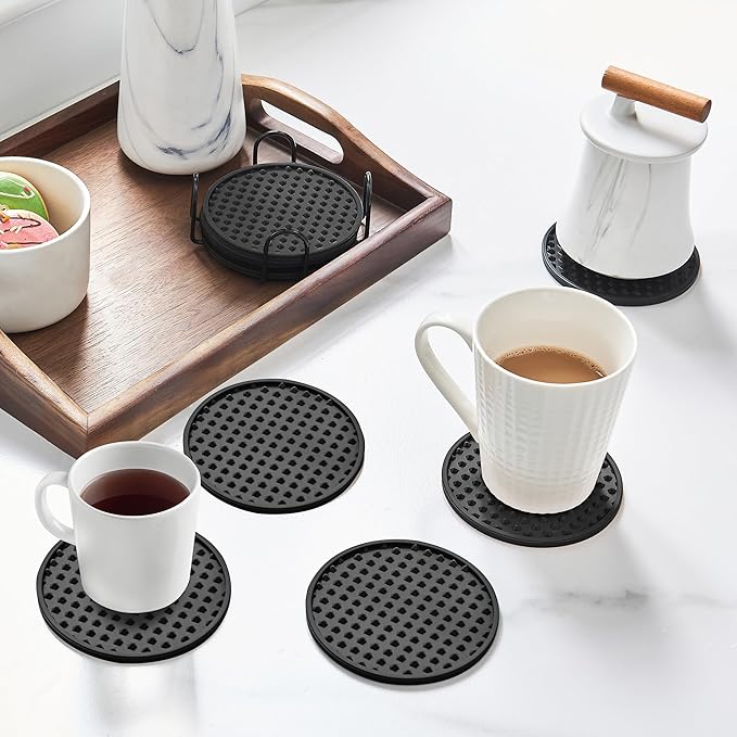 Coasters for Drinks, Silicone Coasters Set of 6 with ABS Holder, Outdoor Coaster for Coffee Table, Non-Slip Rubber Table Cup Mat Desk, Heat Resistant & Scratch-Proof (Black)