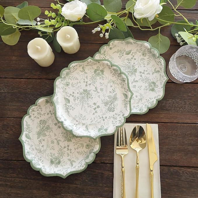 50 Pack 8" Sage Green Dessert Plates in French Toile Floral Pattern, Disposable Round Paper Appetizer Salad Plates 300 GSM for Party Decoration