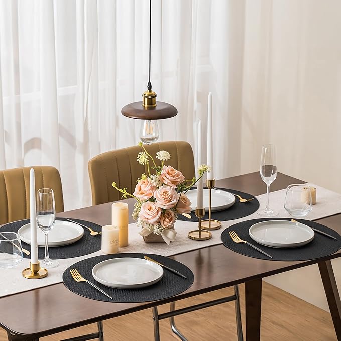 Jovono 15" Faux Leather Big Round Placemats Set of 8 - Washable Heat Resistant Non-Slip Dining Table Mats with Fabric Texture for Kitchen Home Party Decor, Black