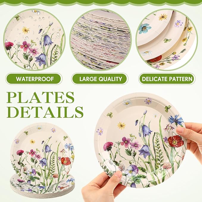 Umigy 120 Pcs Vintage Wild Floral Paper Plates 7 Inch Floral Plates, Fall Summer Flower Dinner Tableware Watercolor Flower Tea Party Dessert Tableware for Birthday Wedding Baby Bridal Shower Party