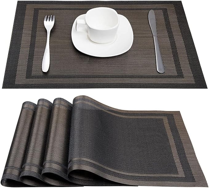 DACHUI Placemats Set of 6, Linen Look Woven Place Mats, Water Resistant, Heat Resistant, Washable, Durable Table Mats (Black Gold)
