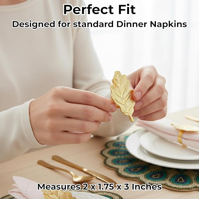 CLEENTABLE Metal Napkin Rings Set of 12, Metal Napkin Holder Cuffs for Dinner Table Décor, Thanksgiving Leaf Farmhouse Modern Serviette Rings for Christmas, Weddings, Receptions, (Gold)