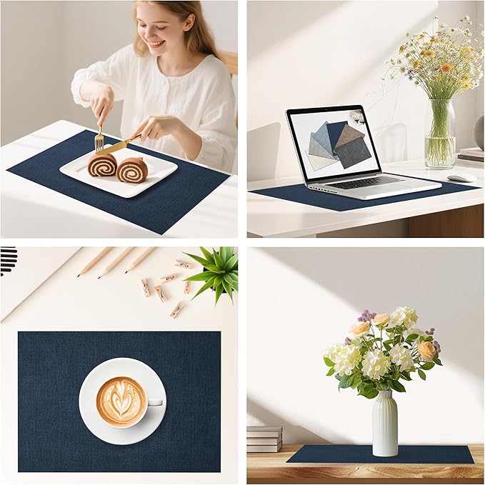 DOLOPL Placemats Set of 8, Reversible Wipeable & Heat Resistant Place Mats, Modern Faux Leather Table Mats for Kitchen, Neutral Waterproof Tablemats for Dining Table Decor, Wedding, Party(Navy Blue)