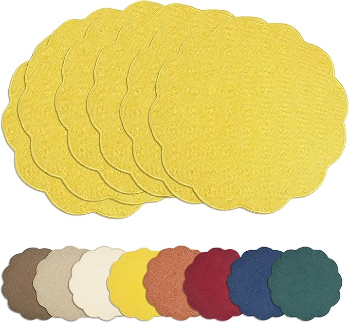AHHFSMEI Round Faux Linen Placemats Set of 6 Waterproof Table Mats Heat Resistant Non-Slip and Stain Proof for Kitchen Dining Elegant Decor(Yellow,6)