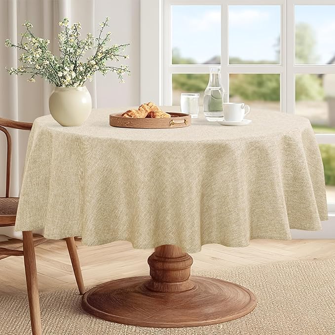 JIUZHEN Faux Linen Round Tablecloths 84 inch, Decorative Wrinkle Free Texture Rustic Circle Table Cloth Cover for Kitchen, Dining, Party, Wedding, Outdoor Use (84 Inch Round,Beige)