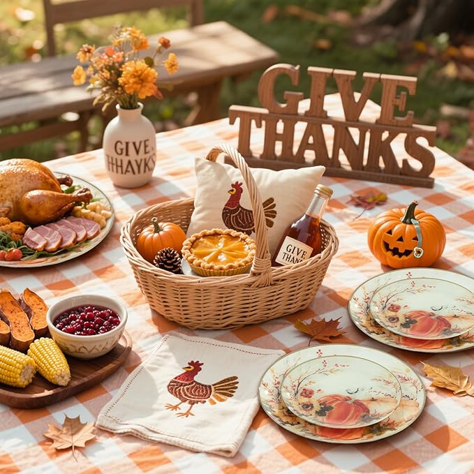 DaYammi 20 Thanksgiving Plastic Plates - Disposable Heavy duty Fancy Pumpkin Patterns, Orange plastic plates 10.25-inch Dinner and 7.5-inch Dessert Plastic Plates for Thanksgiving & holiday