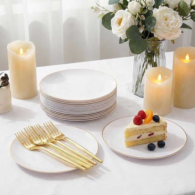 Rubtlamp 200Pcs Gold Plastic Dessert Plates,White Appetizer Platos with Gold Disposable Forks, Fancy Small Dessert/Cake Plates Include 100pcs 7.5" Salad Platos, 100pcs 7.6" Plastic Forks for Party