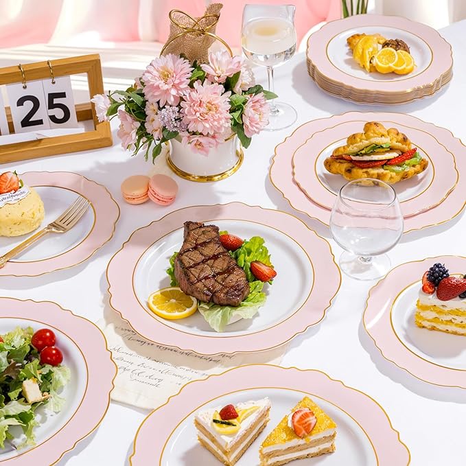WDF 60pcs Pink Plastic Plates - 10.25inch Baroque Pink And Gold Disposable Dinner Plates for Upscale Parties -Special for Valentine's Party, Wedding, Birthdays