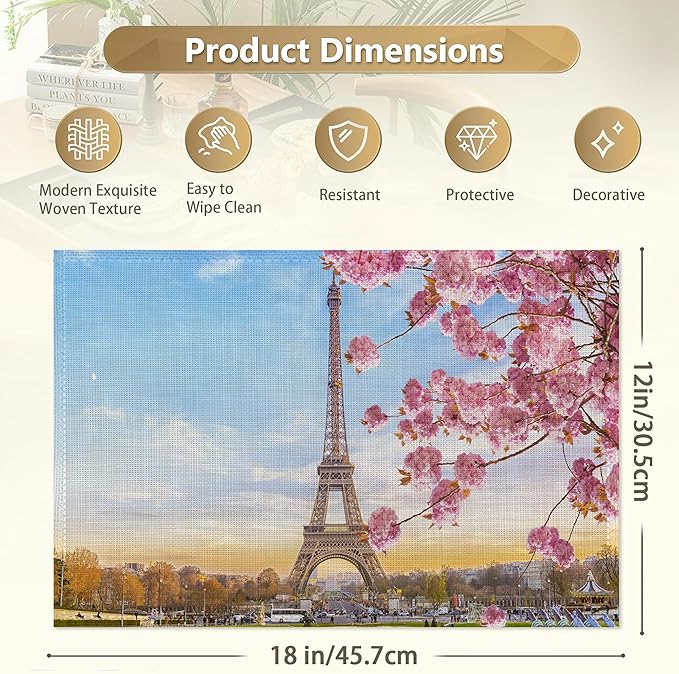 Eiffel Tower Placemats Set of 6 Linen Washable, Heat-Resistant 12x18 Inch Cherry Blossoms Table Place Mats for Kitchen Dining for Home Party Holidays