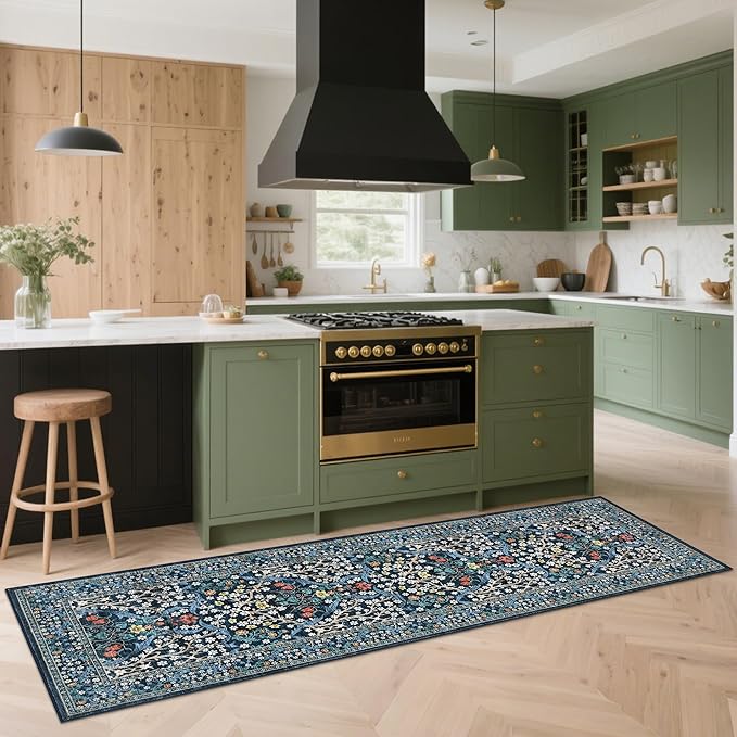 GarveeHome Floral Hallway Runner Rug Non-Slip, 2.5x10 Washable Rugs Ultra-Thin Soft Rug for Hallways, Kitchen Mat Stain Resistant Carpet for Entryway Bathroom, Dark Blue