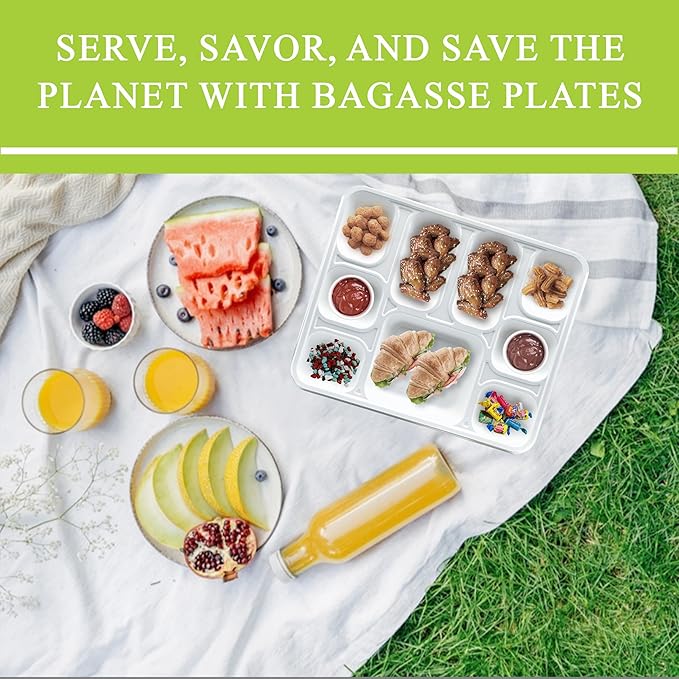 three leaf 9 COMPARTMENT BAGASSE RECTANGULAR PLATE, 25 Ct. Heavy-Duty- Super Strong- Natural- Eco-Friendly Disposable Bagasse Plates, 100% Biodegradable 9 compartment plates