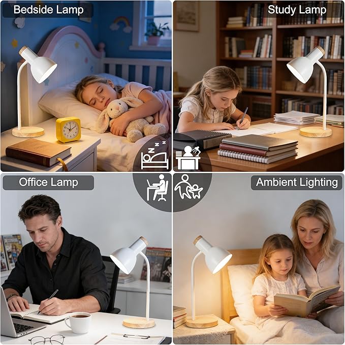 WLHONG LED Desk Lamp, Modern Table Lamps 3 Color Modes, Eye-Caring Reading Light, Desk Light with Adjustable Flexible Gooseneck, Study Lamp for Kids Audlt Bedside Dorm Room Essentials (White)
