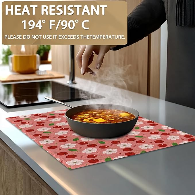 Cherry Berry Flowers Placemats Set of 6 Linen Washable, Heat-Resistant 12x18 Inch Table Place Mats for Kitchen Dining for Home Party Holidays
