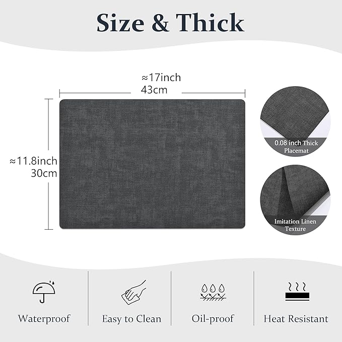 FROMHEART Faux Leather Placemats Set of 6–Waterproof,Heat/Oil Stain-Resistant PU Table Mat–Reversible,Non-Slip,Easy to Clean Place Mats for Kitchen,Dining,Indoor/Outdoor,(Dark Grey,11.8" x 17")