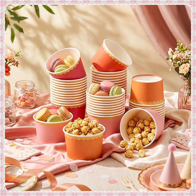 Zopeal 48 Pcs Pink and Orange Disposable Ice Cream Bowls 9oz Pink and Orange Gradient Color Paper Snack Cups with Gold Scallop for Parties, Weddings, Baby Showers, Desserts, Yogurt, and Salads