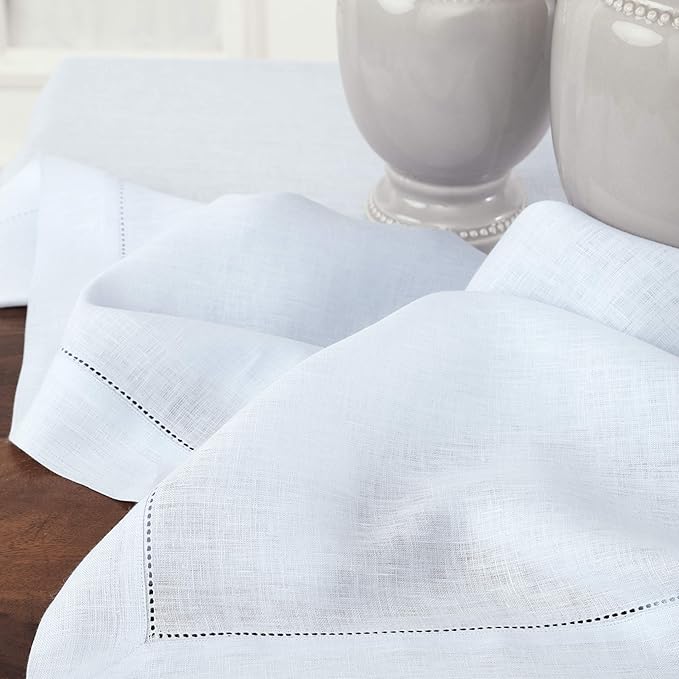 Solino Home Linen Tablecloth 60 x 108 Inch - Classic Hemstitch 100% Pure Linen Light Blue Table Cloth for Rectangle Tables - Machine Washable Tablecloth for Winter, Spring, Easter