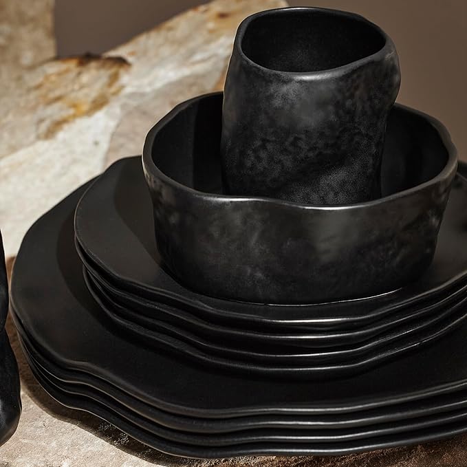 Stone by Mercer Project Atik Modern Stoneware 16-Piece Dinnerware Set, Plate and Bowl Set, Dish set for 4, Black