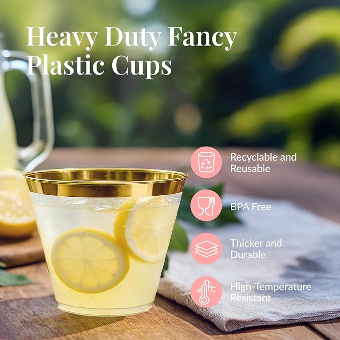 Prestee Hard Disposable Cups - Heavy Duty Fancy Plastic Cups - Plastic Cocktail Drinkware - Disposable Drinking Cup 9 oz - Bulk Drinking Glasses for Wedding - 200ct Gold Tumblers