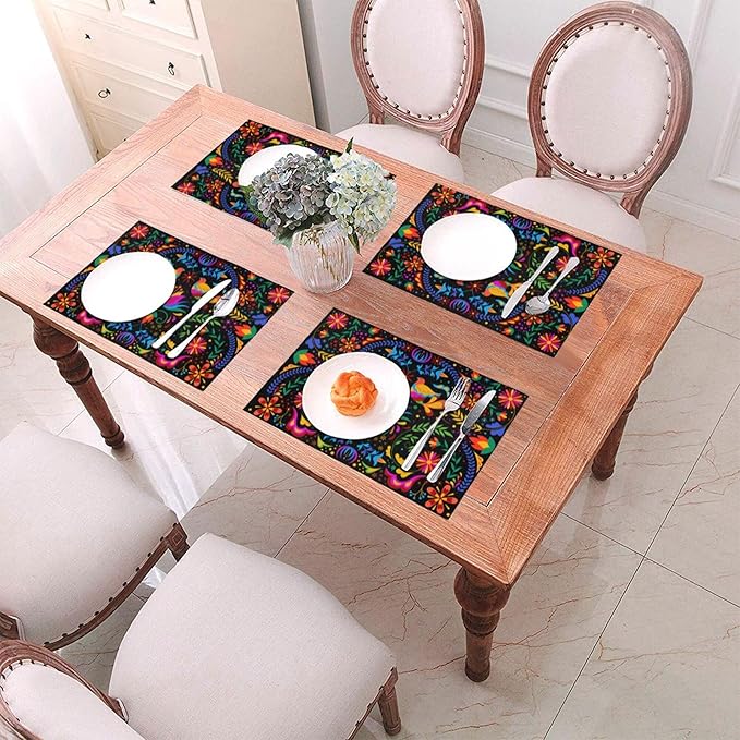 Mexican Placemats Set of 4 Linen 12"x18" Mexican Flower Decorative Kitchen Table Mats for Dining Kitchen Party Home Decor Washable Place Mats