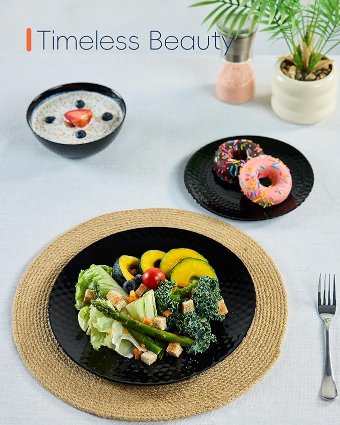 7.5 inch Appetizer Plate Set of 6, Opal Glass Round Geometric Faceted Small Black Plates for Salad Dessert, Kitchen, Dishwasher and Microwave Safe